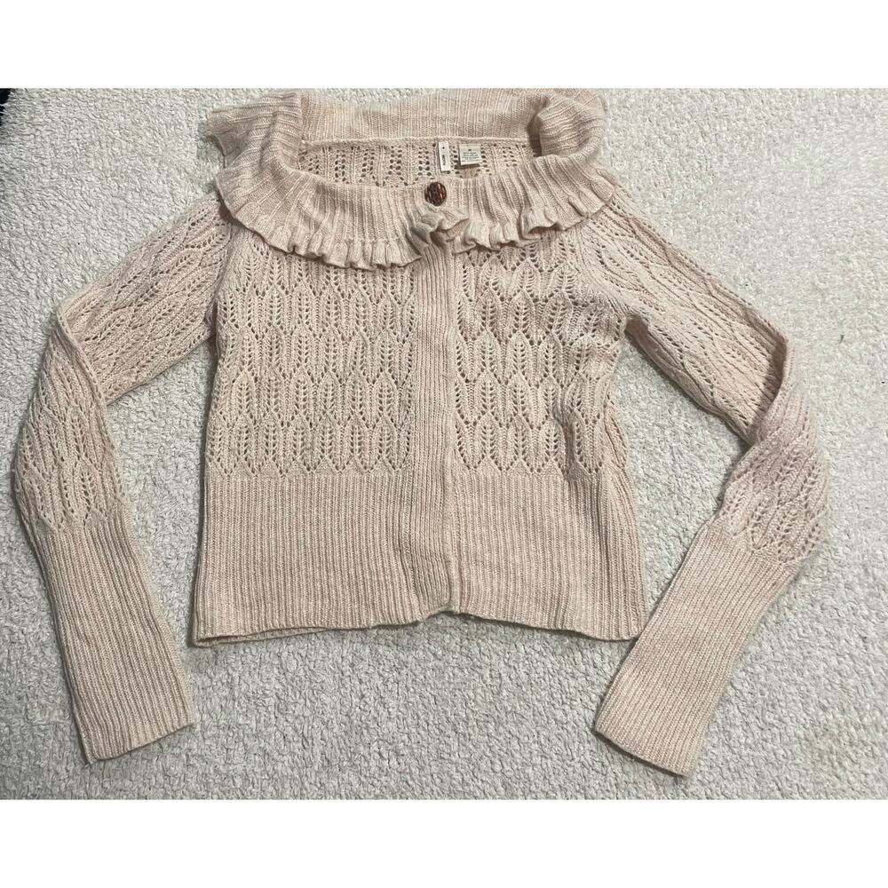Moth Sweater Women's Medium Crochet Ruffled Boat Neck Wool Blend Cardigan Tan